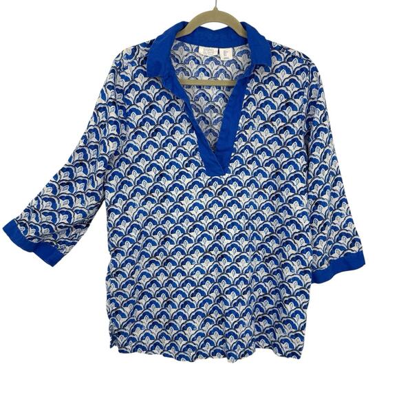 Sigrid Olsen Linen Tunic Size Large Blue Pattern V Neck 3/4 Sleeve Pullover - Picture 1 of 8